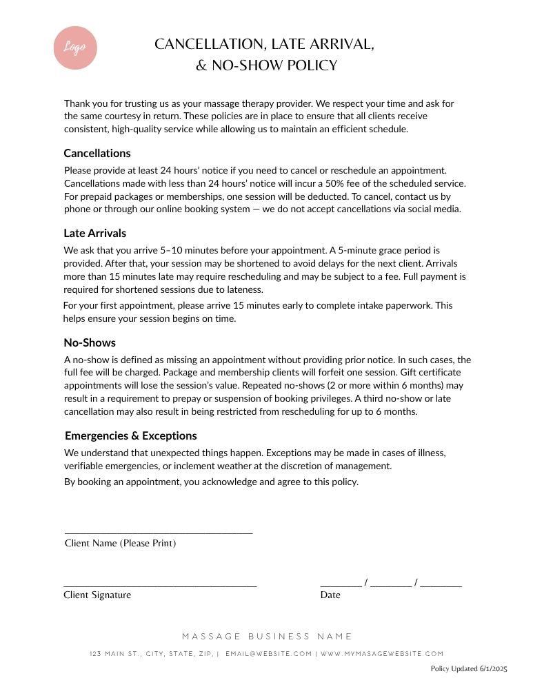 Massage Cancellation, Late Arrival, & No-Show Policy - JPG Customizable