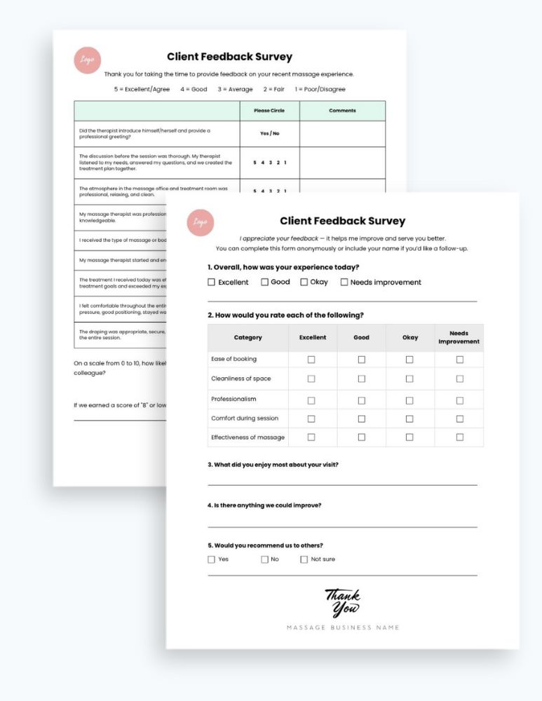 Client Feedback Survey for massage therapy practice