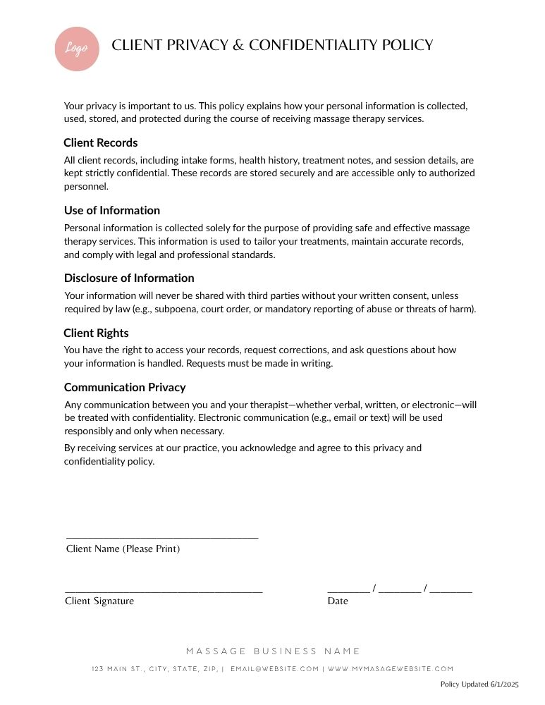 Massage Client Privacy & Confidentiality Policy - JPG Customizable