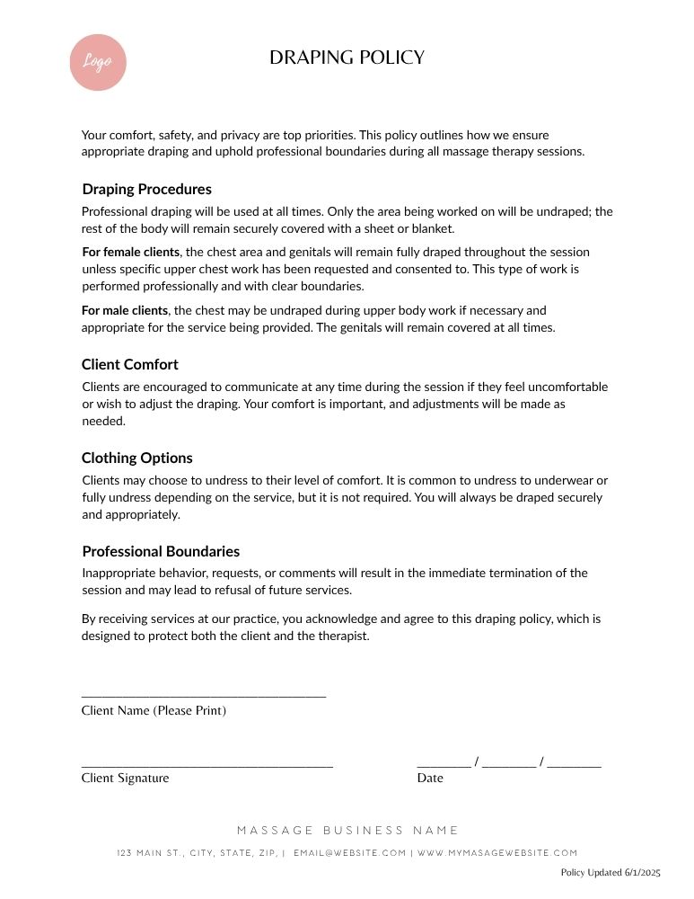 Massage Draping Policy - JPG Customizable