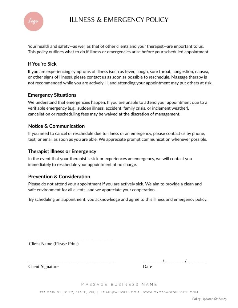 Illness & Emergency Policy - JPG Customizable
