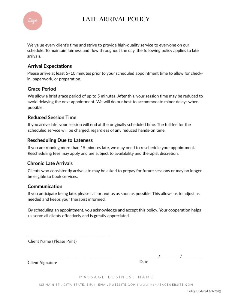 Massage Late Arrival Policy - JPG Customizable