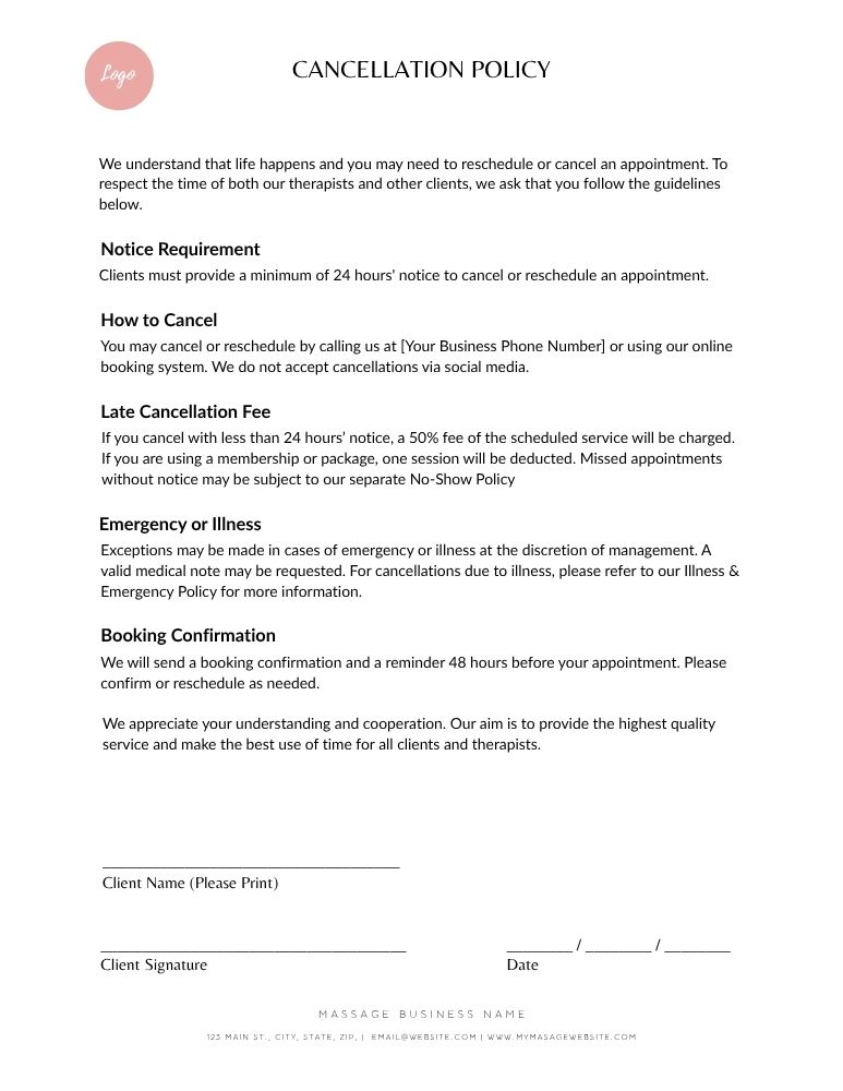 Massage Cancellation Policy - JPG Customizable