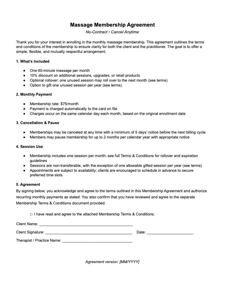 Massage Membership Agreement
