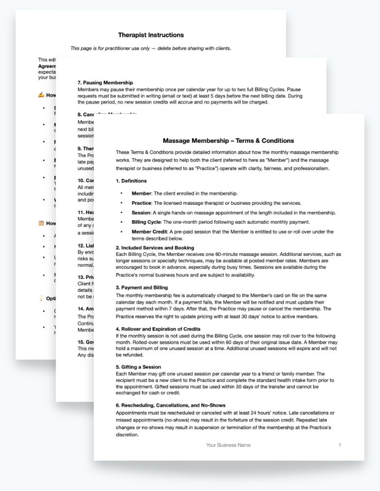 Massage Membership Terms & Conditions Template