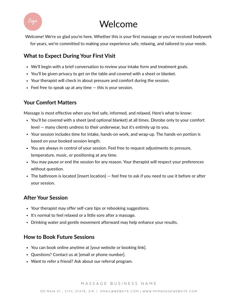 New Client Welcome Sheet for massage therapy business