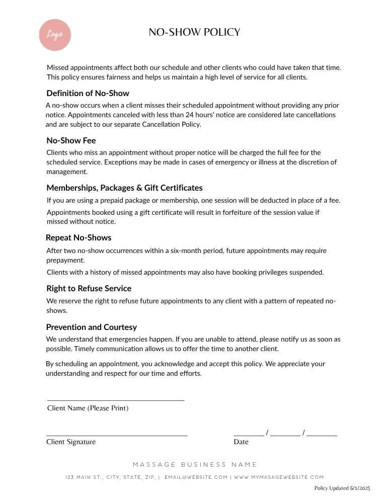 Massage No-Show Policy - JPG Customizable