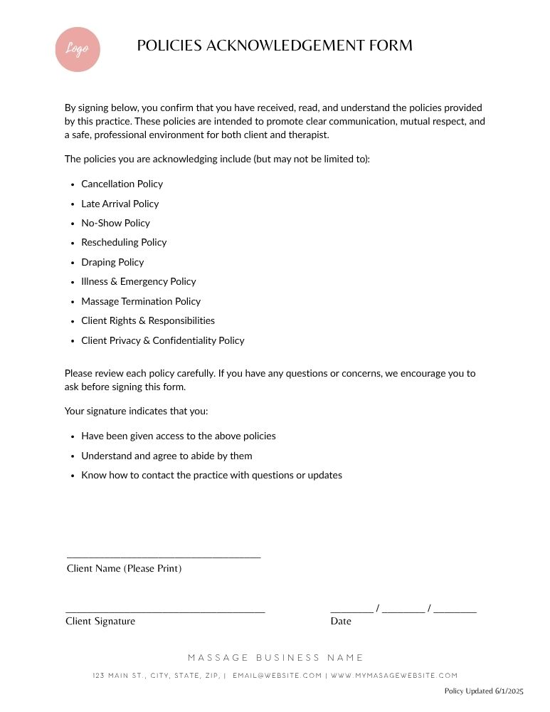 Massage Therapy Policies Acknowledgement Form - JPG Customizable