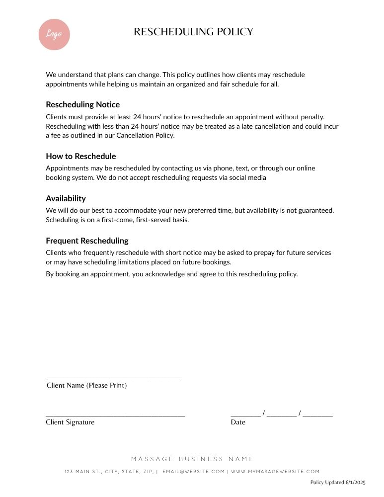 Massage Rescheduling Policy - JPG Customizable