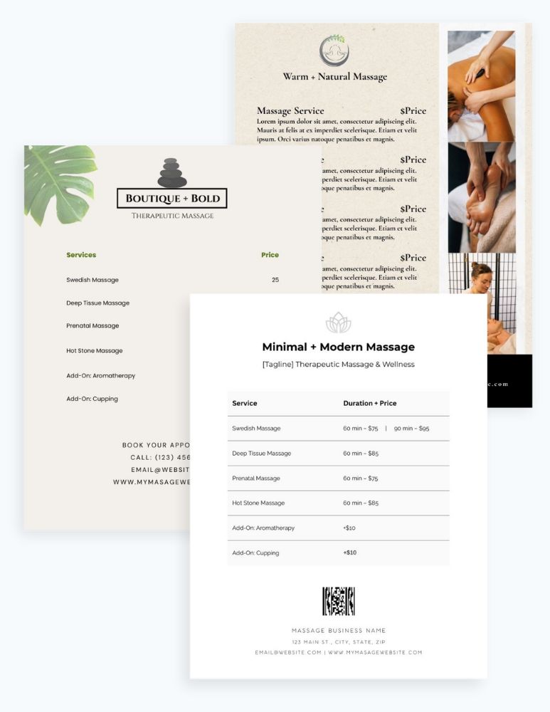 Massage Service Menu Templates